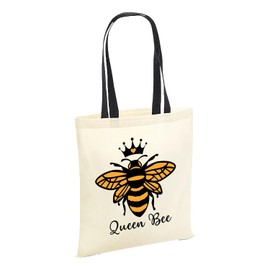 Queen Bee Tote Bag - Women Gifts Shopping Organic Cotton Fabric Carrier Reusable Shopper Sassy Happy Quote Slogan Handbag Bees Accessories Present Bumblebee Pretty (One Size, Black Handle)