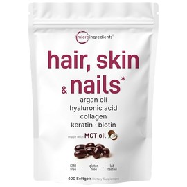 Vitaminas para el cabello, la piel y las uñas para mujeres y hombres, 400 cápsulas blandas con aceite MCT, aceite de argán 21 en 1, ácido hialurónico,