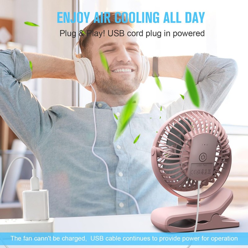 BESKAR Small Clip on Fan, 3 Speeds USB Fans with