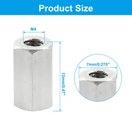 Unlorspy 6Pcs M4 x 0.7-Pitch 12mm Length Metric Hex Coupling Nuts 304 Stainless Steel Polishing Rod Coupling Nuts for Home Garage Repairs (7mm Hex Width)