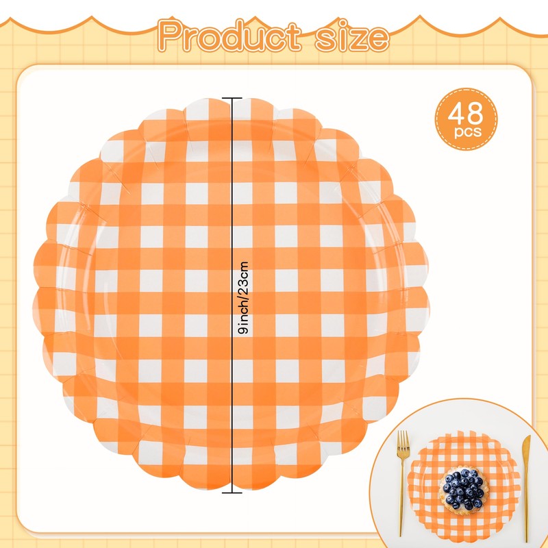 Houuqe 48 Pcs Orange Scalloped Paper Plates - 7Inch Gingham