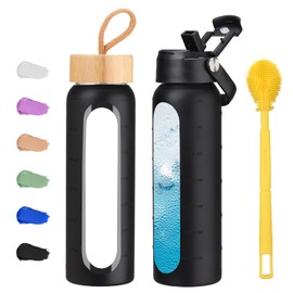 Olivego 24 oz Glass Water Bottle with 2 Lids-Handle Straw Lid & Bamboo Lid,1 Liter Motivataional Tumbler Water Bottle Time Marker, Borosilicate Glass Water Bottles With Silicone Sleeve, Leakproof