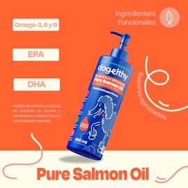 Dogelthy Pure Salmon Oil 450 ml. Aceite de Salmon Omega 3 para Perro con 300 MG de EPA + DHA por Dosis. Suplemento de Aceite de Pescado para Perro. para Croquetas o Dieta Barf.
