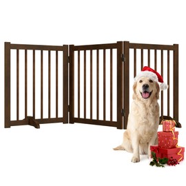 Indoor Dog Gate,Wooden Freestanding Dog Gate for Stairs or Doorways-3 Panels 24" - Folding Solid Wood Safety Pet Fence with 2 Support Feet-Walnut Color