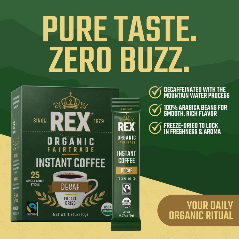 Rex Coffee Organic Fairtrade Decaf Freeze-Dried Instant Sticks – Naturally