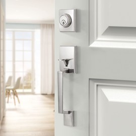 Natsukage Front Door Handle Set Heavy Duty Entry Door Lock Set Satin Nickel Entrance Handle Set with Lock, with Single Cylinder Deadbolt and Lever Handle, Reversible for Right & Left Handed Doors