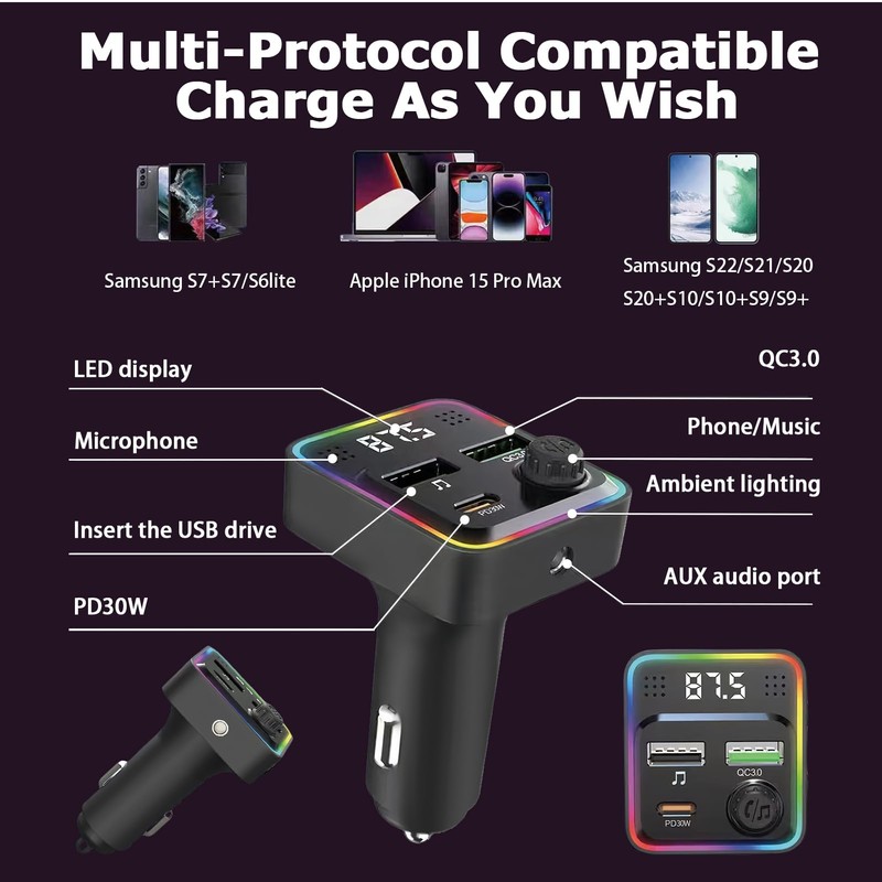 Bluetooth 5.3 FM Transmitter Car Adapter Wireless Radio Music Adapter