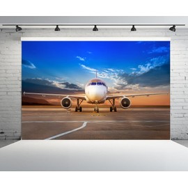 CHNYWORK 7ftx5ft Airplane Photography Backdrop Aircraft Parking Airport Runway Blue Sunset Sky Scenery Background Pilot Theme Birthday Party Decor Holiday Travel Portrait Shoot Studio Props