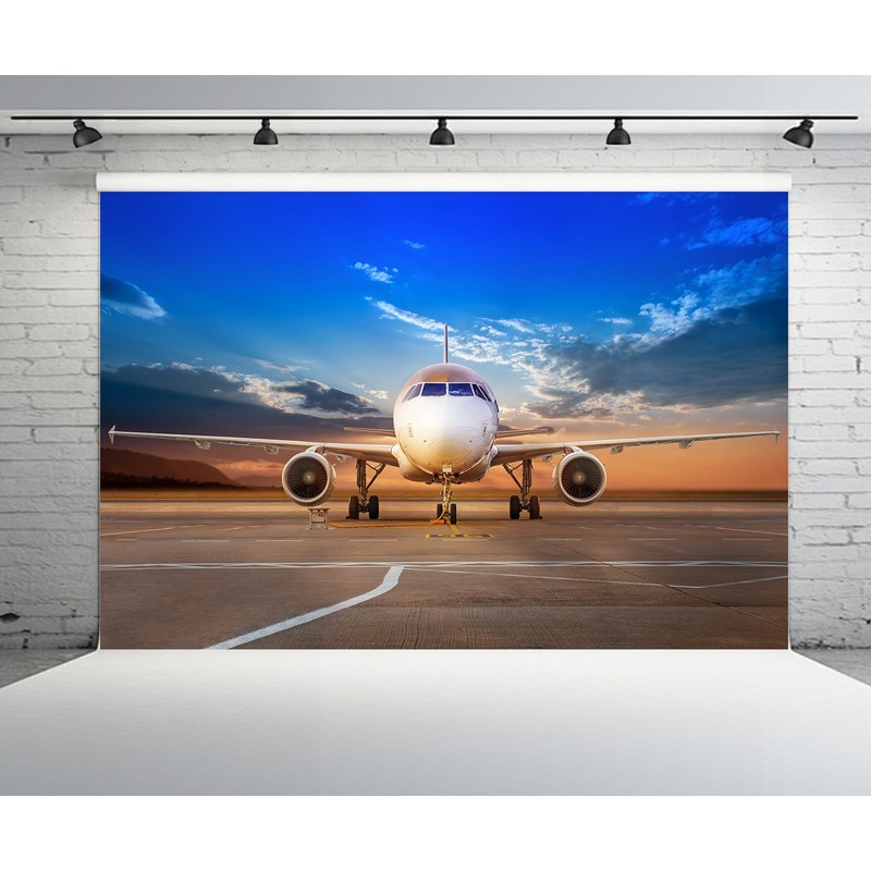 CHNYWORK 7ftx5ft Airplane Photography Backdrop Aircraft Parking Airport Runway Blue