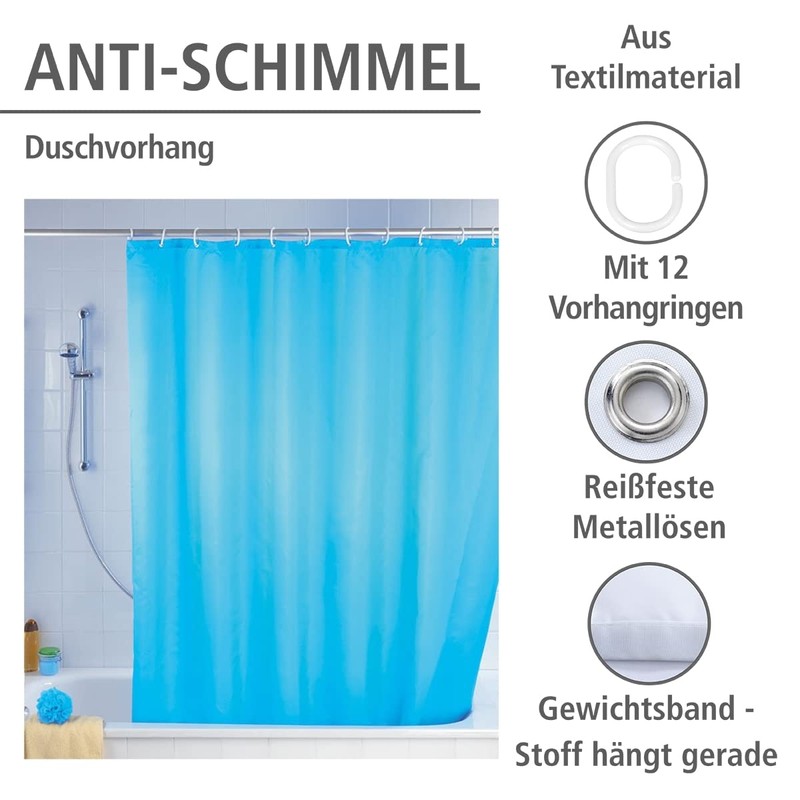 Wenko Anti Mould Shower Curtain - Plain, Antibacterial & Washable