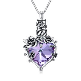 TOUPOP Rose Urn Necklace for Ashes for Women with Purple Heart Crystal, Sterling Silver Ashes Pendant Necklace Cremation Jewelry for Ashes Memorial Gift for Women Keepsake w/Funnel