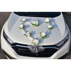 Chexin Premium Car Decoration Wedding Bonnet Bride Couple, White Rose Decoration, Car Jewellery Wedding with Suction Cups and Gauze, Car Car Wedding Decoration, Rose Garland, Car Decoration