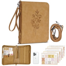 Bible Cover Case for Women with Detachable Shoulder Strap & Wristlet Strap, Bible Case, PU Leather Debossed Floral Bible Cover, Christian Gifts for Women, Church Bag with Bible Study Supplies, Brown