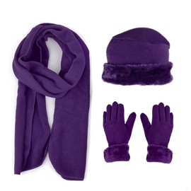 boxed-gifts 3 Pieces Set Matching Hat, Gloves and Scarf for Woman. Solid Colors - Purple