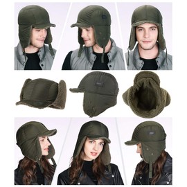 Oversized L Men Women Winter Trapper Hat Waterproof Windproof Aviator Cap Faux Fur Earflap Detachable Mask Large Big Head Cold Weather Warm Army Green