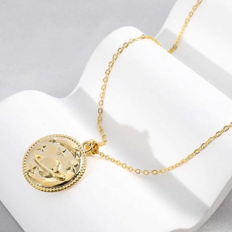 Gold Planet Pendant Necklace for Women 14K Gold Plated Saturn