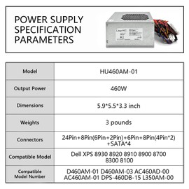 HU460AM-01 D460AM-01 D460AM-03 WC1T4 WY7XX 460W Power Supply Compatible with Dell XPS 8930, 8920, 8910, 8900, 8700, 8300, 8100 and Alien-Ware Aurora R5, Replace DPS-460DB-15, L350AM-00