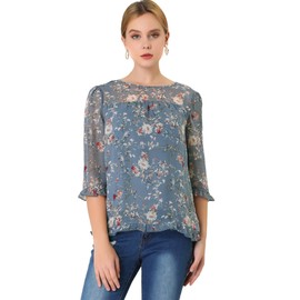 Allegra K Women's Casual Ruffle 3/4 Sleeve Floral Print Chiffon Blouse Large Grey Blue