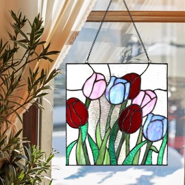 HomeBeauty PA0004 Stained Glass Hanging Panel-12 Wx12 H Window Suncatcher Tiffany Style Window Ornament,Tulip Home Hanging Decorations