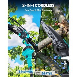 Cordless Pole Saw&8 inch Mini Chainsaw,2-IN-1 Electric Tree Trimmer with 2PCS 2000mAh Rechargeable Batteries,Battery Pole Saws w/Extension Pole for Tree Trimming Wood Cutting,Ideal Gifts for Men Dad