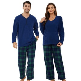 U2SKIIN Womens Pajama Sets, Plaid Pajamas for Women Long Sleeve Sleepwear Soft Pj Lounge Sets with Pockets Fleece Nightwear(Navy/Blue Green Plaid, M)