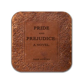 4 Coasters with Most Popular Novels by Jane Austen. Pride and Prejudice, Emma, Sense and Sensibility and Persuasion. 4 Coasters with Wooden Stand. (Book Title)