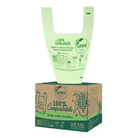 UNNI Compostable Bags with Handles, 2.6 Gallon, 9.84 Liter, 50 Count, 0.68 Mil, Samll Kitchen Food Scrap Waste Bags, T-Shirt Bags, ASTM D6400, US BPI, CMA & OK Compost Home Certified, San Francisco