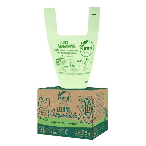 UNNI Compostable Bags with Handles, 2.6 Gallon, 9.84 Liter, 50 Count, 0.68 Mil, Samll Kitchen Food Scrap Waste Bags, T-Shirt Bags, ASTM D6400, US BPI, CMA & OK Compost Home Certified, San Francisco