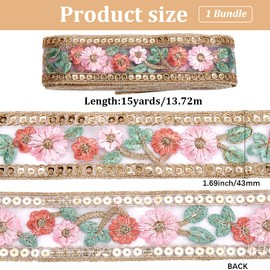 CABODYALS - Cinta de jacquard floral transparente de 15 yardas de 1.69 pulgadas con bordado dorado con borde de organza, clásico, cintas de poliéster tejidas étnicas para costura, hacer ropa,