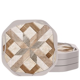 UMIRRO Absorbent Felt Coasters for Drinks with Silicone Case, Rustic Country Farmhouse Cup Coaster Set for Wooden Coffee Table Decor, Boho Tile Design, Brown, 4", 4 Pack