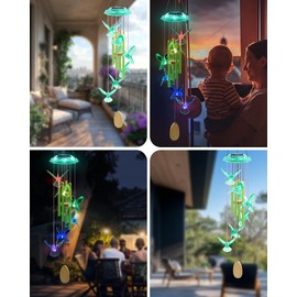 Hummingbird Solar Wind Chimes, Birthday Memorial Gifts for Women Mom, Glowing Top Color Changing Hummingbirds Moblie LED Wind Chime for Outside, Outdoor Home Party Garden Decor Light(Green)