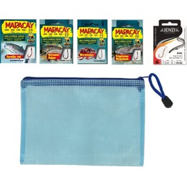 Set of 5 packs of hook assortment Behr & Jenzi trout, eel, all-round worm, white fish hooks (42 hooks) tied leader, hook size 4-14+ free leader bag