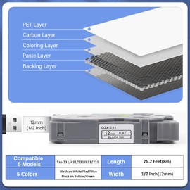 Paquete de 5 cintas de etiquetas compatibles con Brother P Touch TZe-231 tz431 531 tze-631 731 12 mm 0.47 cinta laminada para hacer etiquetas PT-D210 H110 D220 D410 D600, negro sobre