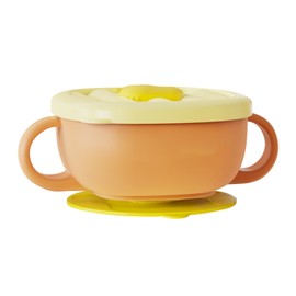 Toddler Suction Cup Bowls with Lids Prevent Falling Stainless Steel Kids Binaural Bowl for Home Preschool Orange