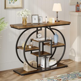 GiftGo Narrow Console Table for Entryway Industrial 4-Tier Sofa Table Behind Couch with Circle Base Rustic Wooden Accent Tables with Storage Shelves for Living Room, Hallway, Foyer (Brown)