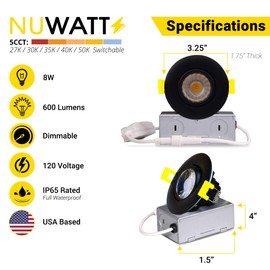 NUWATT 3 inch LED Gimbal Recessed Downlights (4 PACK) All in 1 Light, 5 CCT Switch 27k 30k 35k 40k 50k, 8W 600 Lumens, 120V - Dimmable, IP Rated, Black Finish