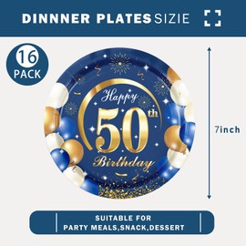 MORAINJAY 16Pcs Birthday Plates for 50,Navy Blue 7inch Paper Plates for 50th Birthday Party, Small Paper Plates for Men Women Her Him,Birthday Party Supplies Table Decor