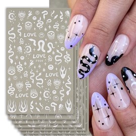 White Nail Art Stickers Butterfly Snake 3D Self-Adhesive Nail Decals Summer Stars Sun Line Designs Nail Decorations Moon Leaf Rose Nail Accessories for Women Girls DIY Manicure Supplies