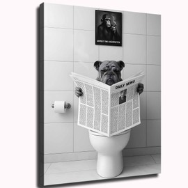 JJT Funny Bathroom Decor Dog on Toilet Black and White Wall Art (Unframed,8''x10'')