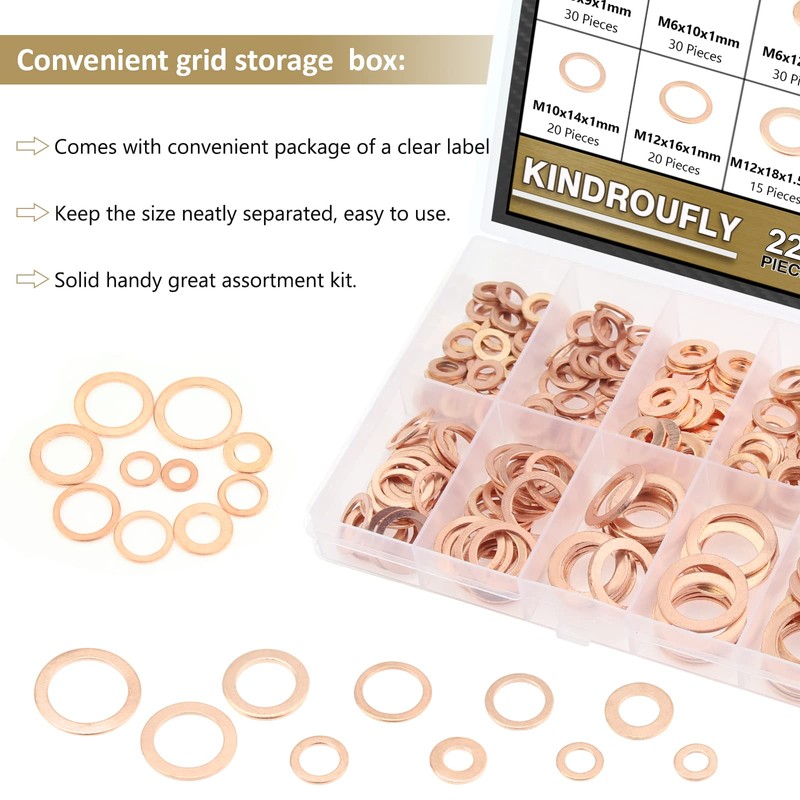 225 Pieces Copper Metric Flat Washers, Sealing Washers, Kindroufly 10