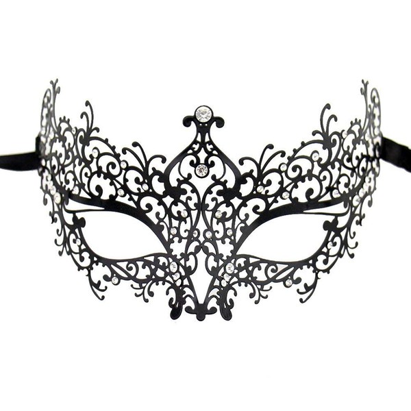 SKY TEARS Masquerade Mask for Women Metal Venetian Cosplay Masquerade Masked Ball Fancy Party, White Rhinestone, Black Mask