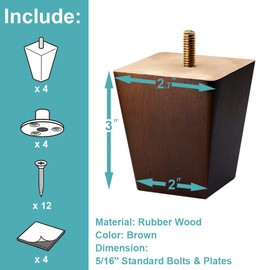 WUNMEI Wood Furniture Legs 3 inch Sofa Legs 4-Pack Square Couch Legs Replacement Legs for Recliner Armchairs Ottomans TV Tables Night Stands