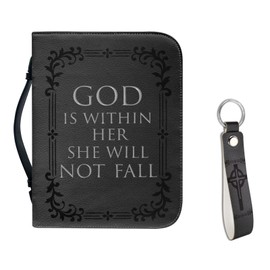 Kuiaobaty Leather Bible Cover with Handle Carrying Bible Case Church Bag Bible Protective Tote with Matched Leather Keychain for Adults Kids Youth God is Within Her She Will Not Fall
