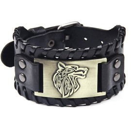 Genuine Leather Wolf Bracelet Men Punk Belt Buckle Black Wide Wide Wristband Cuff Bangle
