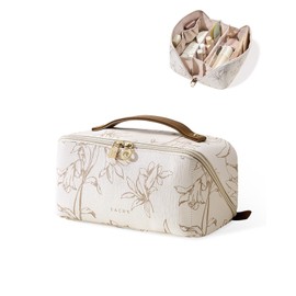 EACHY Travel Makeup Bag,Large Capacity Cosmetic Bags for Women,Waterproof Portable Pouch Open Flat Toiletry Bag Pattern Makeup Bag (F-Beige-Large)