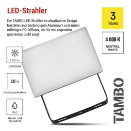 EMOS - Tambo LED spotlight - ultra-thin aluminium floodlight - waterproof - neutral white (4000 K) - 1000 lm - 10 W - lifetime 25,000 hours - beam angle 120° - for outdoor use - black