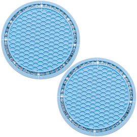 MEAJOO 2PCS Bling Cup Holder Coaster, 2.75 Inch Auto Car Cup Holder Insert Coasters, Soft Silicone Anti-Slip Shockproof, Universal Vehicle Interior Accessories for Women Girls (Light Blue & White)