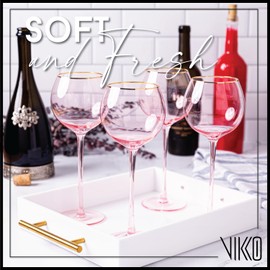 Vikko Wine Glasses, 17 Ounce Pink Wine Glass with Gold Rim, Set of 4 Stemmed Wine Glasses for Red and White Wine, Colored Wine Glasses, Glasses for Wine