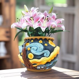BJVF Starry Night Flower Pot – Fancy Theme Planter for Indoor & Outdoor Plants, Hand-Painted Plant Pot with Drainage Hole, Pretty Pot for Artificial or Real Plants, 6.8" Wide