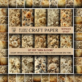 Papel de libro de recortes (30 páginas, 12 x 12 pulgadas), Sepia Blooms: elegantes patrones de rosas clásico con diseños florales atemporales en tonos sepia cálidos, FLONZ, almohadilla de papel de